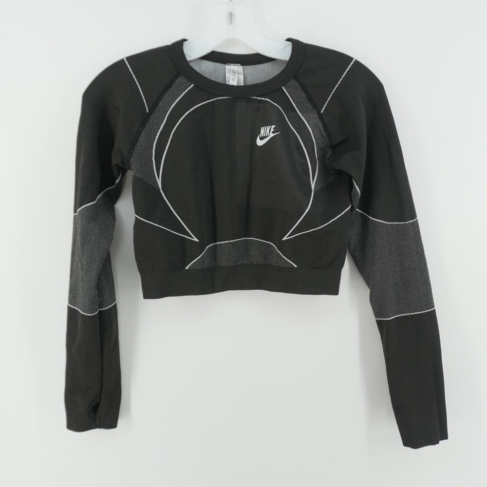Nike Crop Top Women Size M Black Grey Long Sleeve Thumbhole Athletic Training